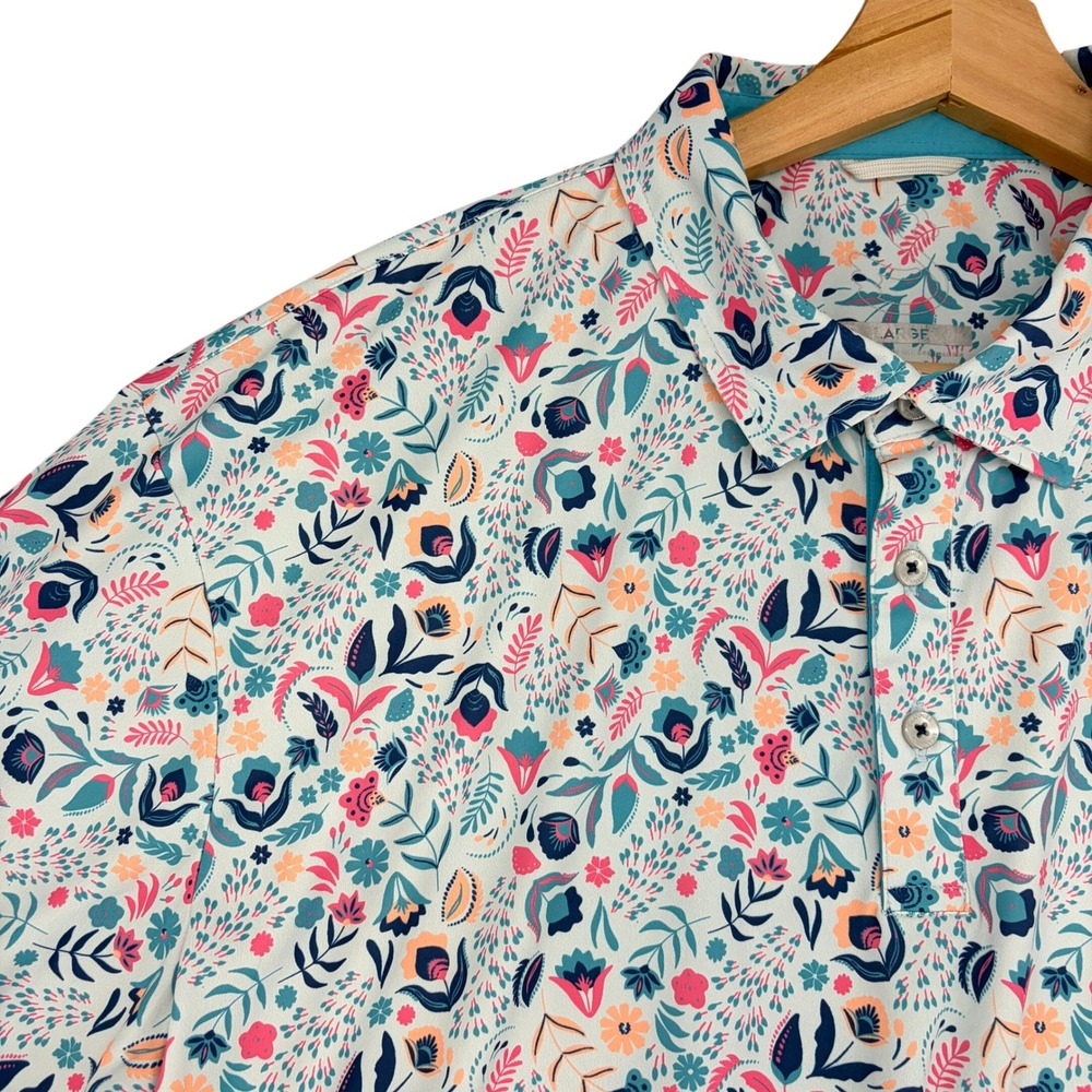 Swannies Co Mens Large Clyde Floral Performance Golf Polo Shirt AOP Blue *READ*